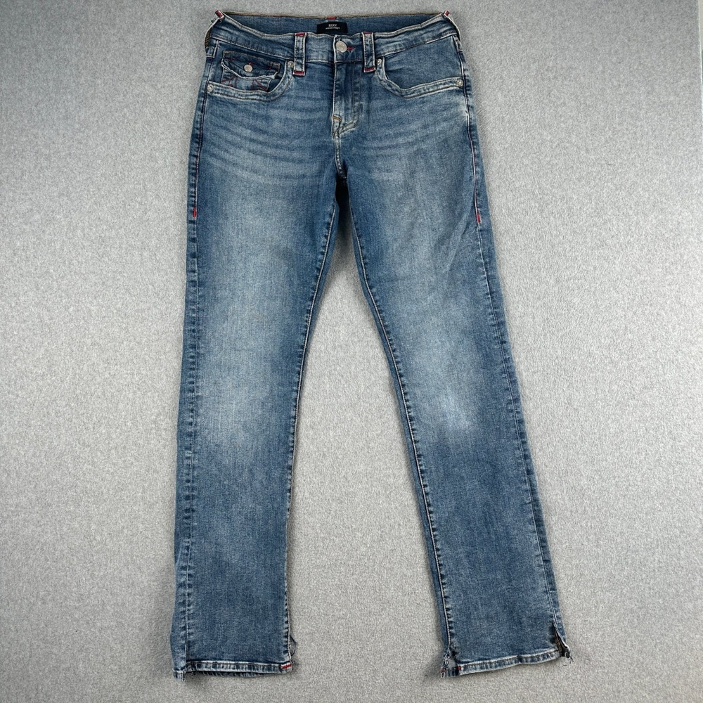 True Religion Jeans Mens 31 Blue Ricky Relaxed Straight Flap Pocket Red Stitch